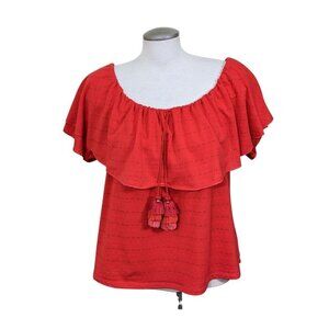 Tru Self Womens Small Top Tassel Trim on Deep Orange Eyelet On or Off Shoulder